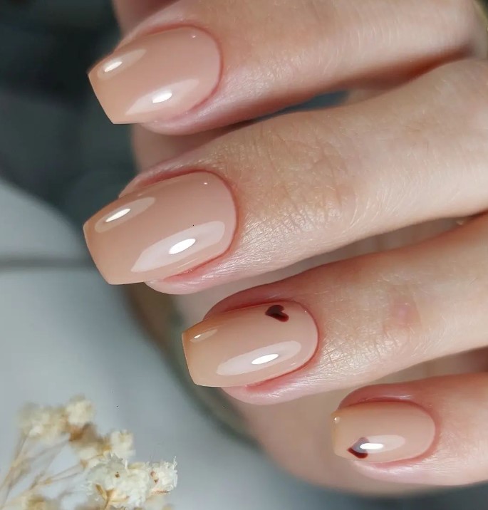 Neutral Minimalistic Nails with Red Heart