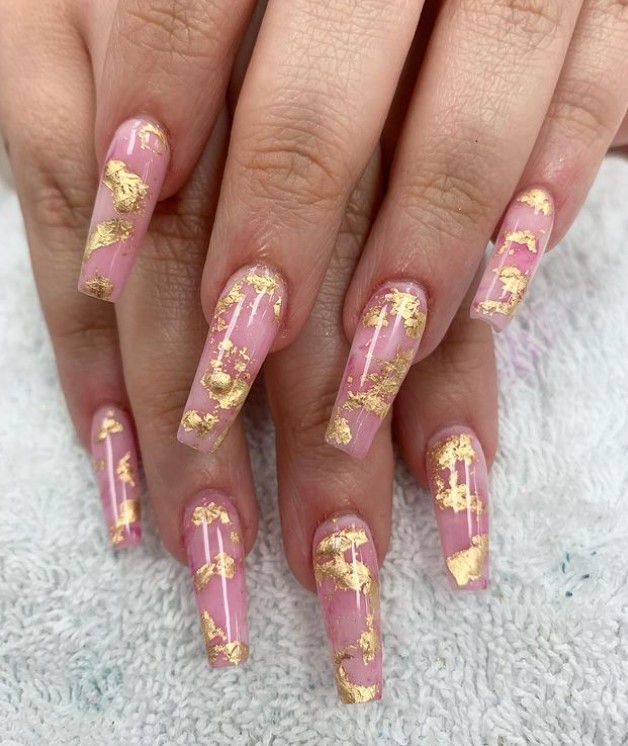 Pink Coffin Nails with Gold foil Design