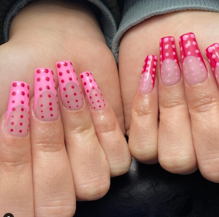 Pink Dotted Coffin Nail designs