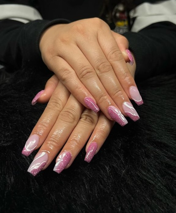 Pink coffin nail designs with Half Shimmer and flowers