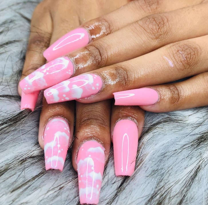 Pink Nails with White clouds