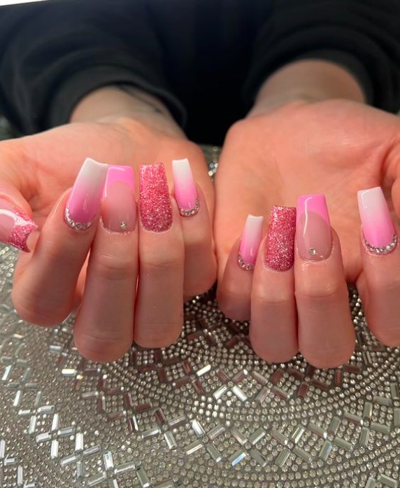  Pink Ombre and Shimmer Square Nails