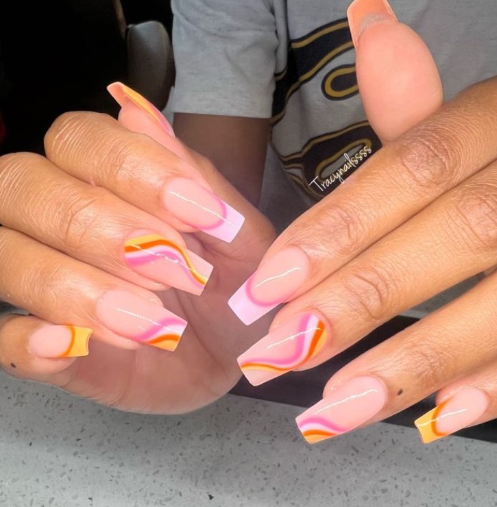 Pink and Orange Swirls on Coffin Nails