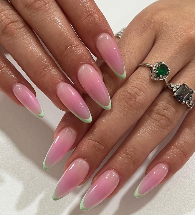 Pink nails with very thin green Tips