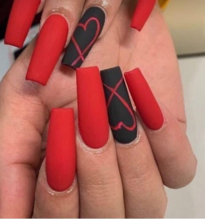 Red Coffin Nails With One Black Nail