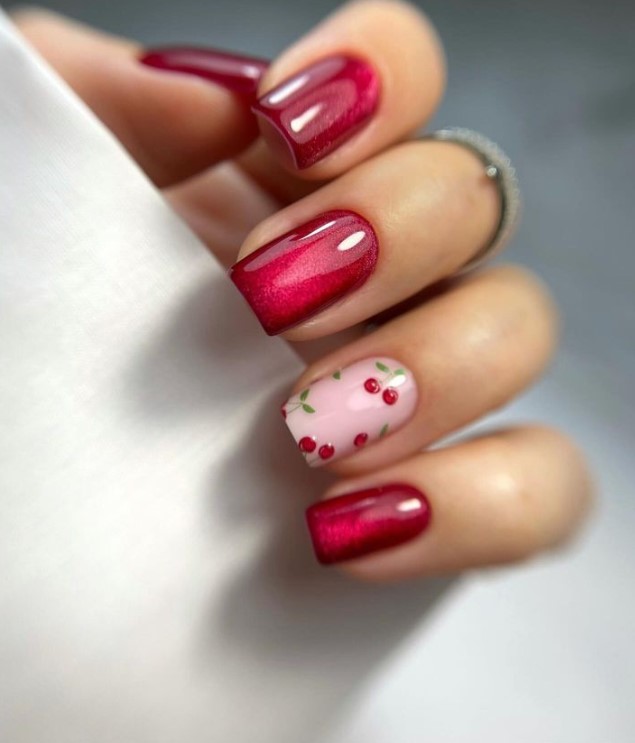 Glossy red Nails With Strawberries on Blush Nails