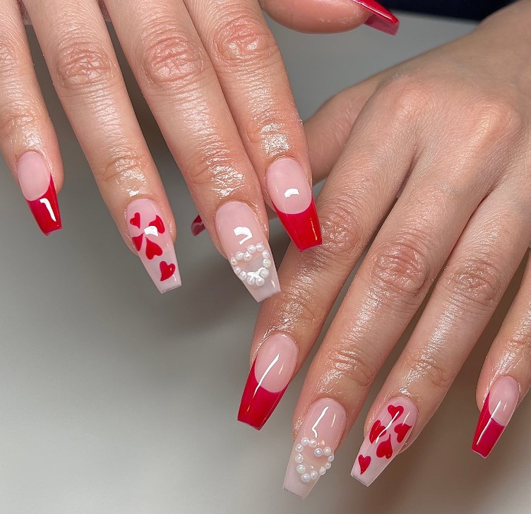 Red French Tip Nails with Little hearts