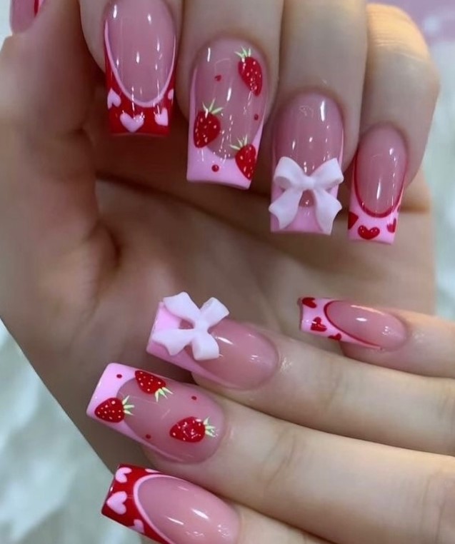 Red Strawberries and white hearts Nails