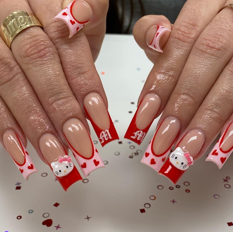 Red and White Nails with Hello Kitty