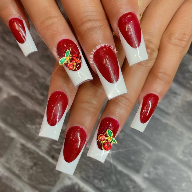 Red Nails with White Tips and Cherries