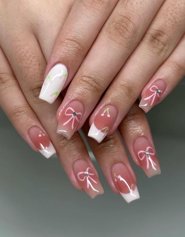 Short Coffin Nails with White Tips and Bows