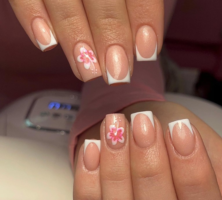 Simple Natural Nails with hibiscus flower