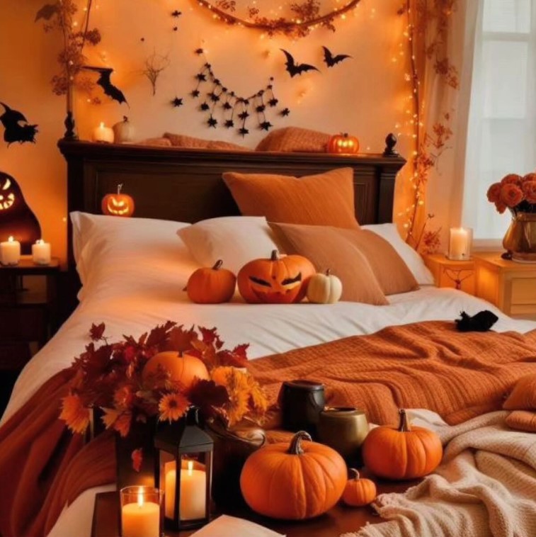 Spooky Bedroom Idea with Bats and Pumpkins