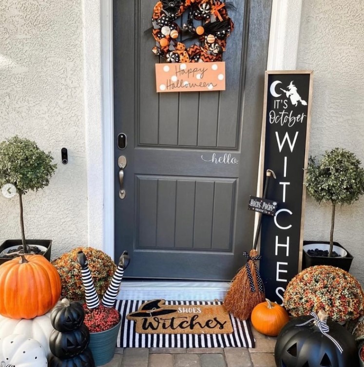 Spooky Wreath and Witches Welcome Door Mat