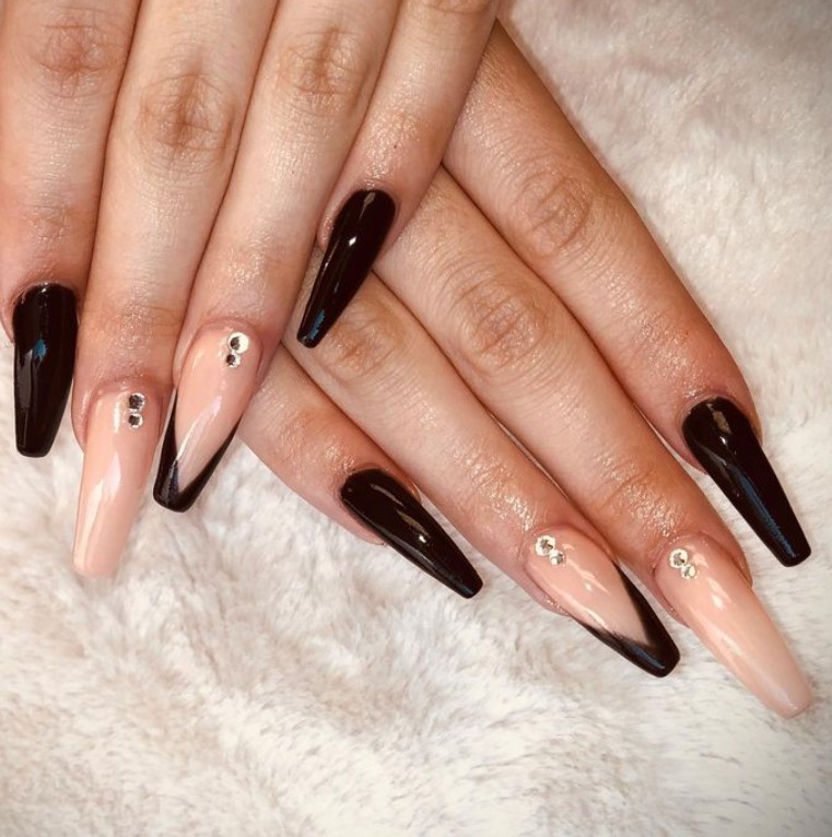 Black and Blush coffin Nails with Diamonds