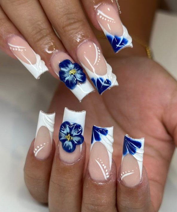 White French Tips with Blue Hibiscus Nails