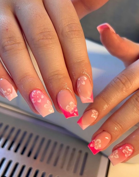 White Flowers on Natural pink nails