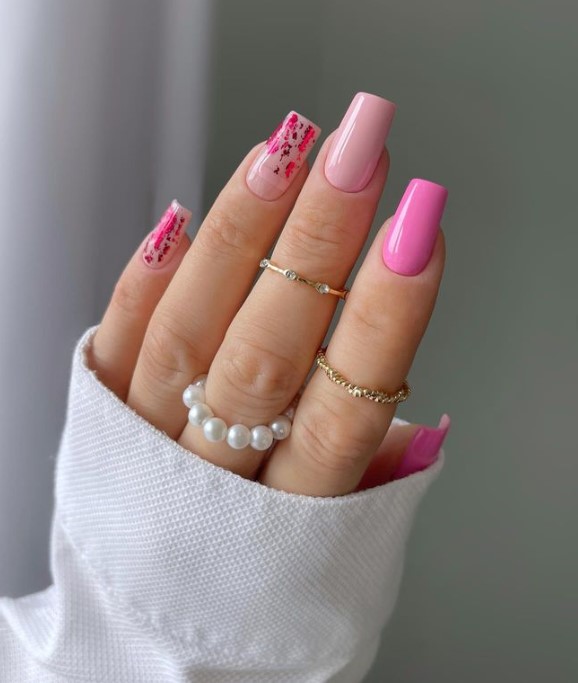 mix and match square Nails in different pinks colors