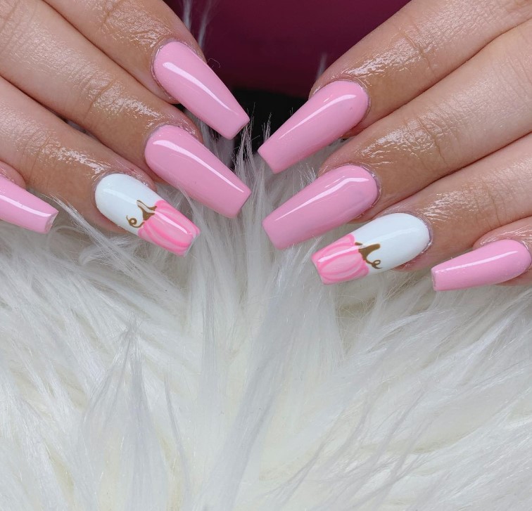 white and Pink Fall Nails with Pumpkin