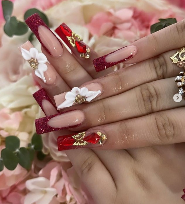 White Half Flower on Red Nails