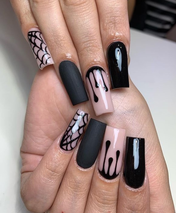 Black Dripping Paint on Natural Nails