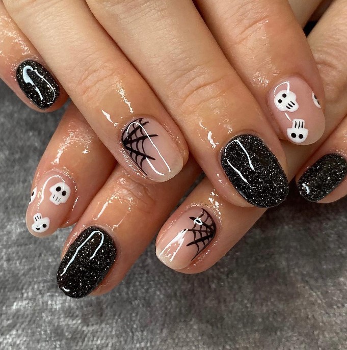 Black Halloween Nails with Motifs on Natural Nails