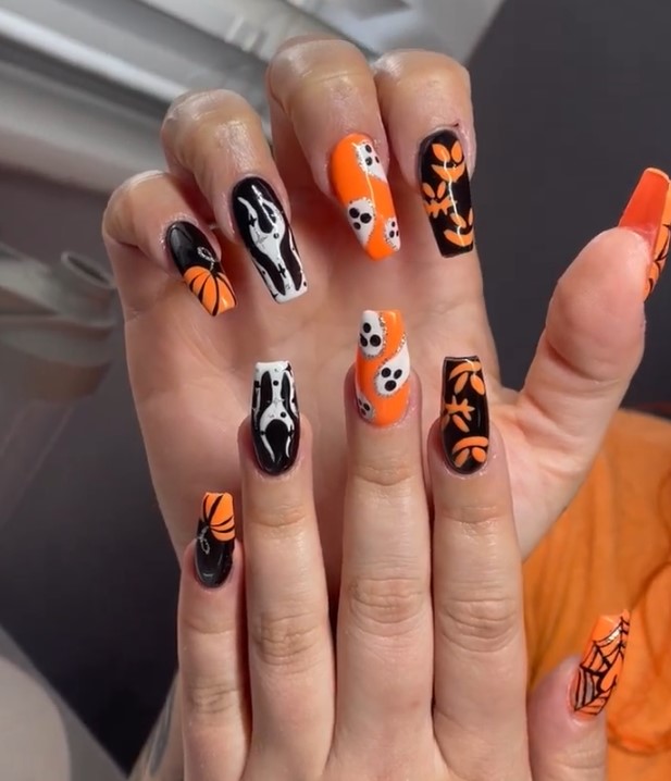 Black and Orange Acrylic Nails