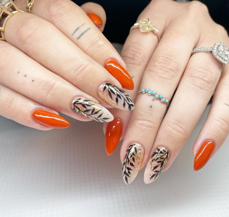 Burnt Orange Nails with Fall leaves