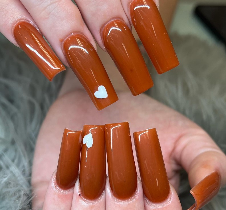 Burnt Orange Nails with White Heart