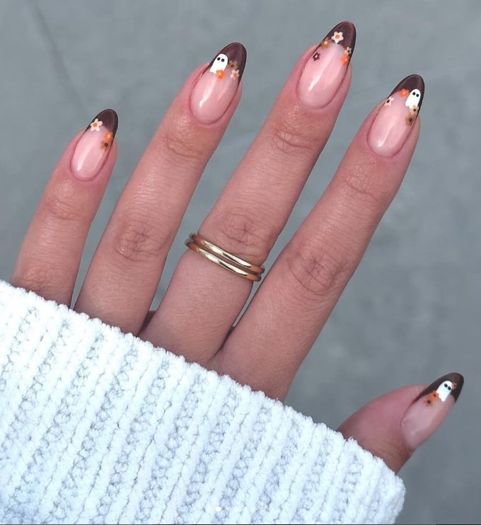 Dark brown Tip Nails with flowers