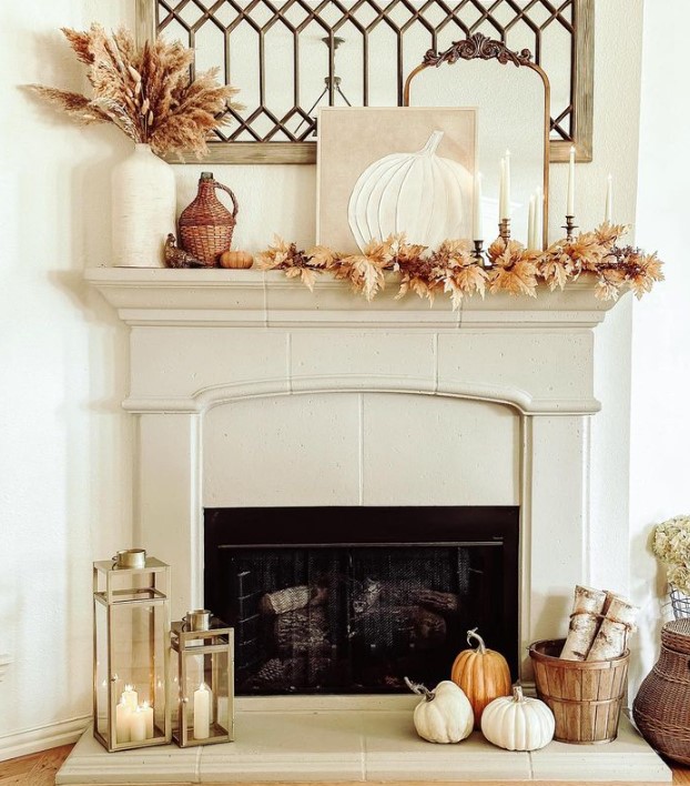 Fall leaves and pumpkins Mantel decor