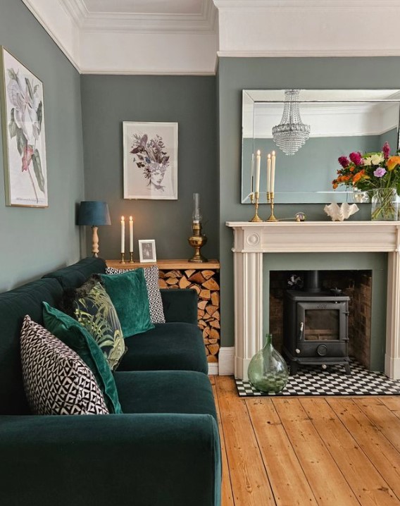 Fireplace with green walls