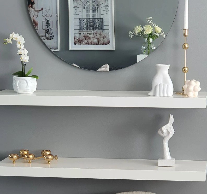 Floating Shelves in white on grey walls