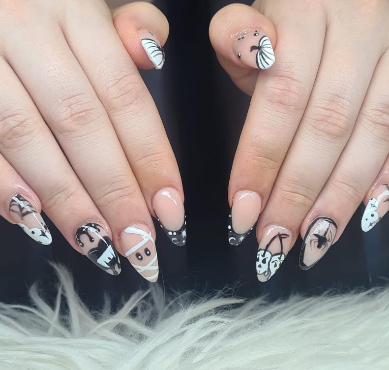 Black and White Hand painted Halloween Nail Art