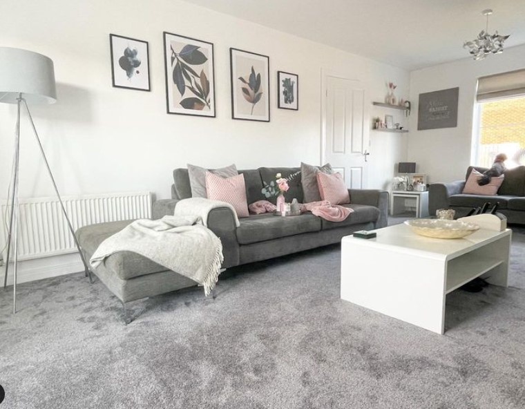 Pink grey and white living room