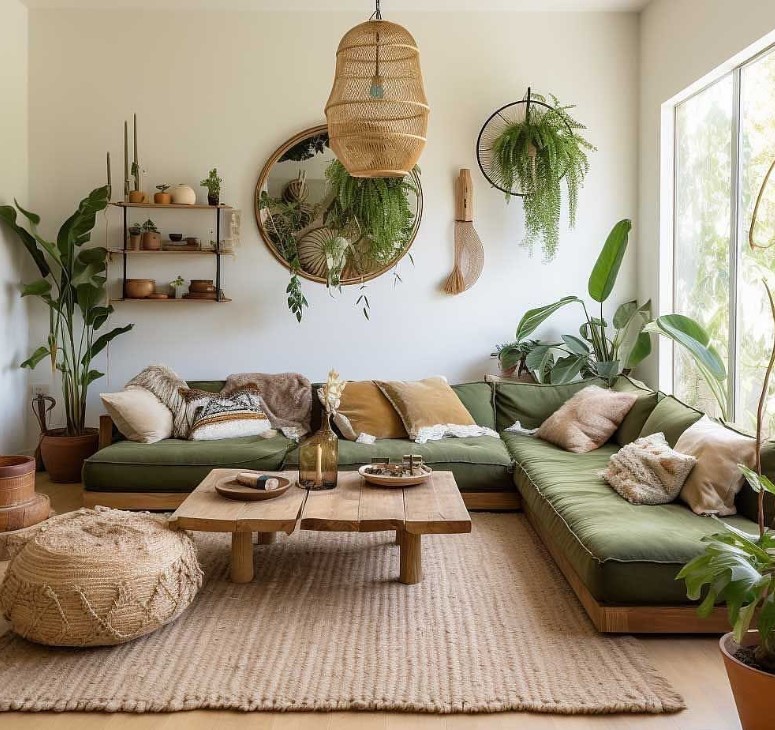 Plants and greenery in a boho living room