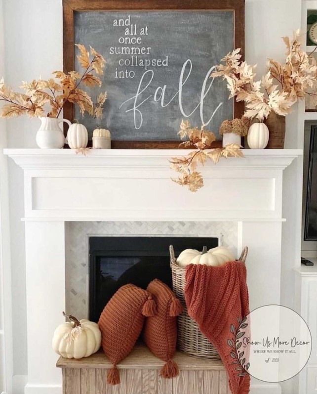 Pumpkins and Cushions Mantle Decor