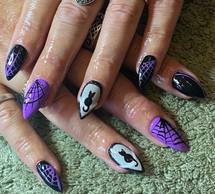 Purple and black Nails with Black Cats