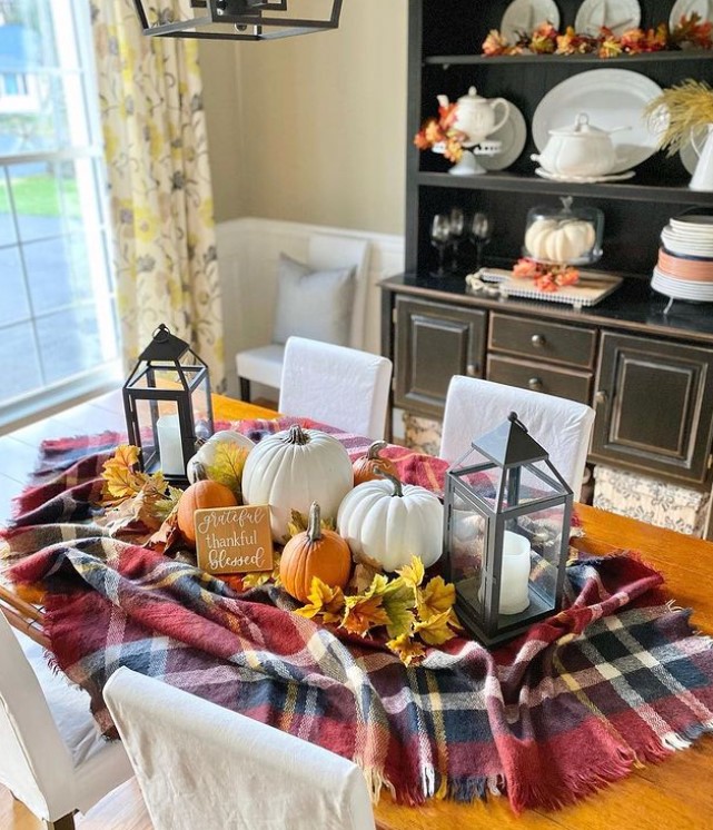 Thanksgiving tablescape with a Plaid Blanket