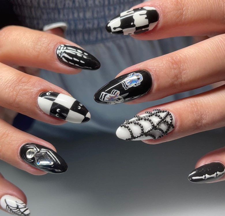 Black and White Nails with Skeleton Hand