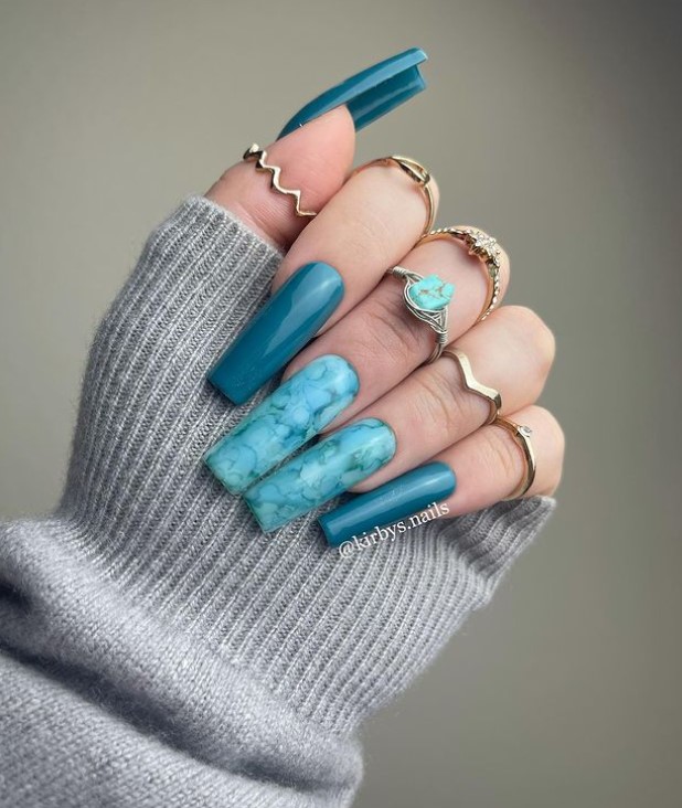 Teal Nails with Marble effects