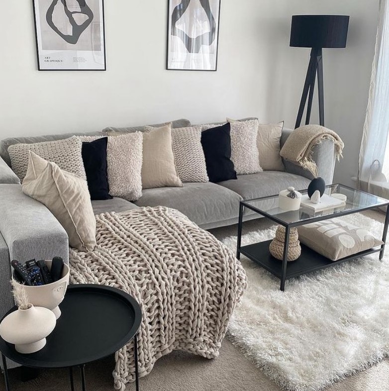 White Decor and Rug with grey sofa