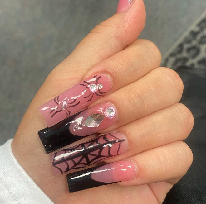 Pink and Black Nails with Spiderweb