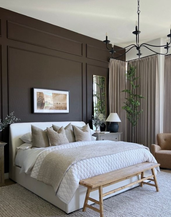 Chocolate brown walls with Live Plants for earthy Toned Bedroom