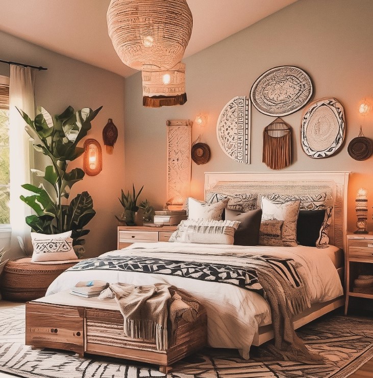 Earthy Toned Bedroom With Wooden Side Tables and Furniture