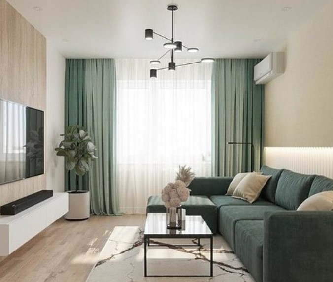 Green Curtains and Sofa