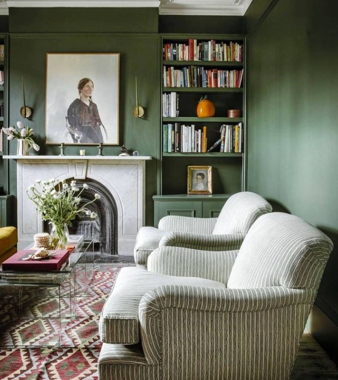 Green Walls and Striped Sofas