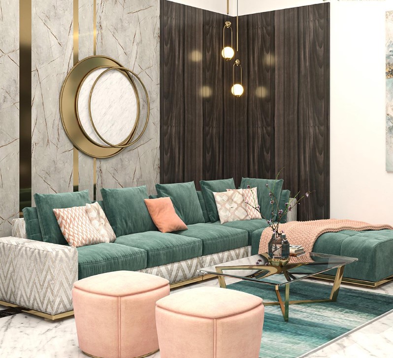 Sea green Sofas with peach Cushions