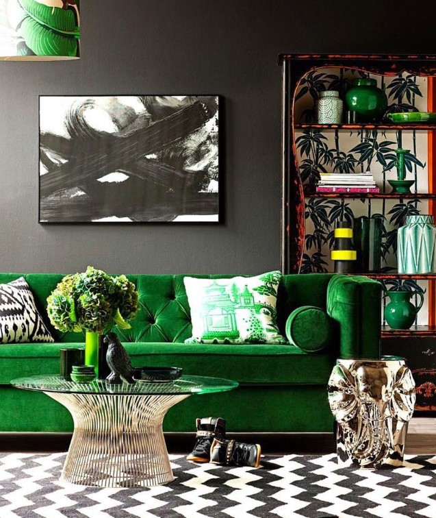 Velvet green Sofa and Decorative pieces