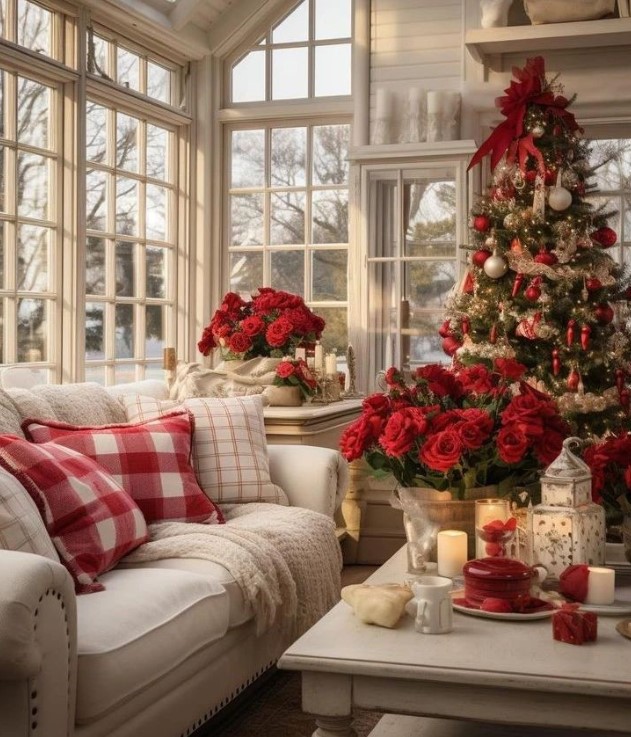 Beautiful Christmas Tree along with Check Cushions